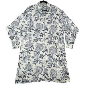 FLAX White Blue Floral Linen Shirt Dress Cottage Coastal Lagenlook Midi - Sz M